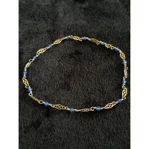 14K Gold Filled Anklet With Blue Crystal Beads & Intricate Filigree Links XL